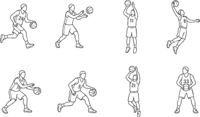 Fototapeta premium Basketball players performing various athletic actions like dribbling passing shooting and dunking in a simple black and white line art style