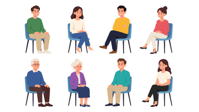 Set of seated men and women characters on chairs
