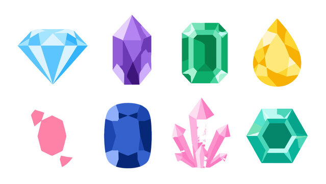 Set of colorful faceted gemstone and crystal vector icons