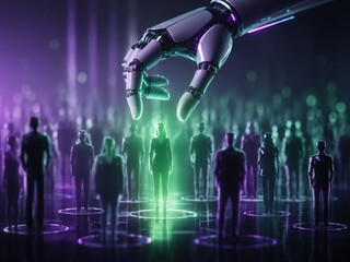 Fototapeta premium Artificial Intelligence Talent Selection With Robotic Hand Choosing Candidate From Digital Crowd