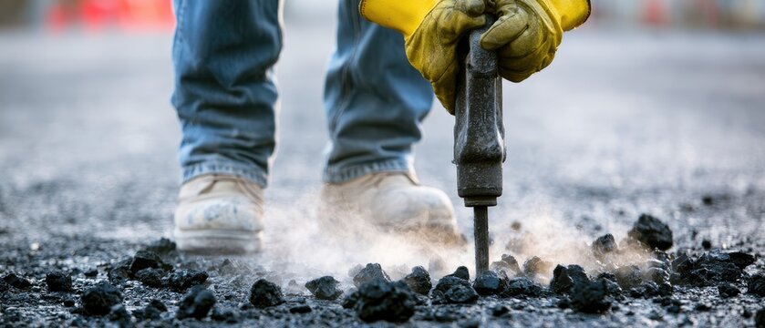 Close-up of person breaking asphalt with jackhammer, dust flying