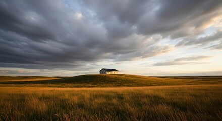 Naklejka premium Lone House on a Grassy Hill under Dramatic Stormy Sky at Sunset in Rural Prairie Landscape