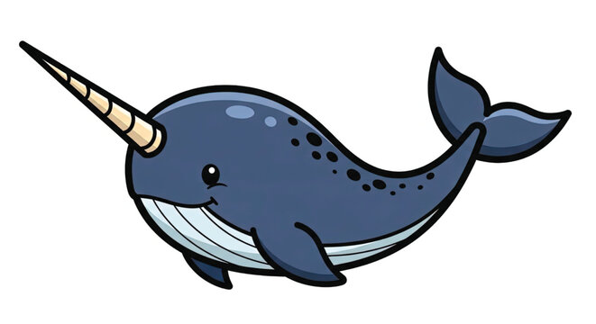Cartoon narwhal with tusk swimming.