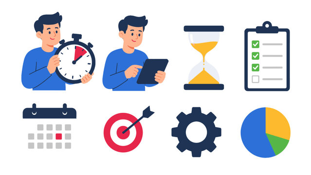 Time management and productivity icons with character set