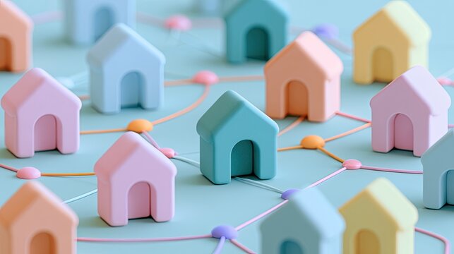 Abstract network of pastel houses, symbolizing connection, community, and data