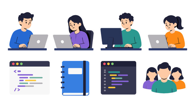Set of programmers coding on laptops and computers in flat style