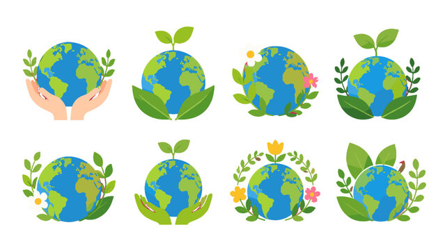Set of eco earth globe icons with leaves, flowers, and hands