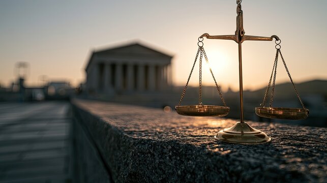 Golden scales of justice silhouetted against a dramatic sunrise behind a courthouse