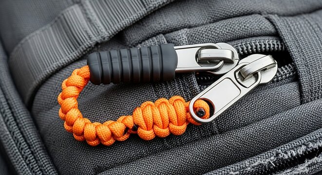 Close-up of a Black Backpack Zipper with Orange Paracord Pull.