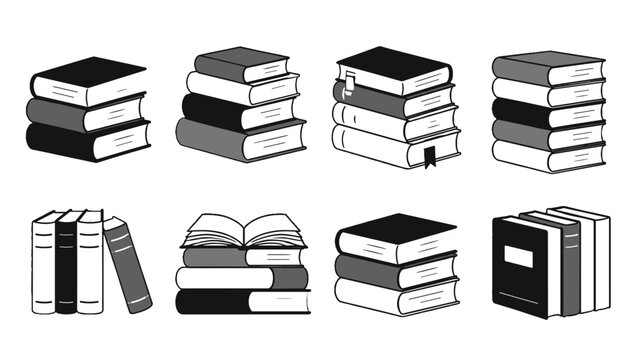Set of hand drawn book stacks and standing books icons