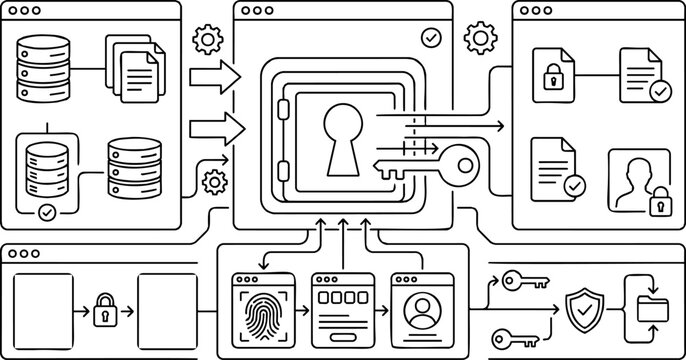 Minimalist cyber security dashboard, data protection workflow and encrypted database concept outline illustration, hollow vector