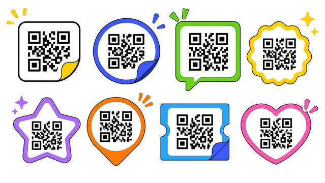 Colorful QR code sticker icons set with various outlined shapes