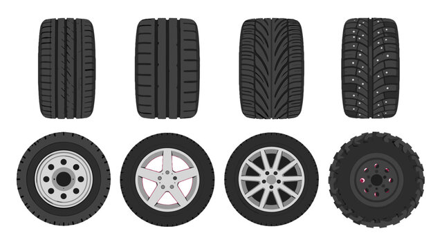 Set of car tire treads and wheels isolated on white