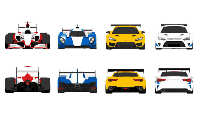 Front and rear views of four racing and sports cars vector set