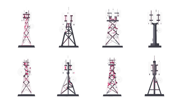 Set of telecommunications towers with antennas in vector style