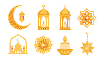 Golden Ramadan lantern, crescent, candle and floral icon set © icon_art