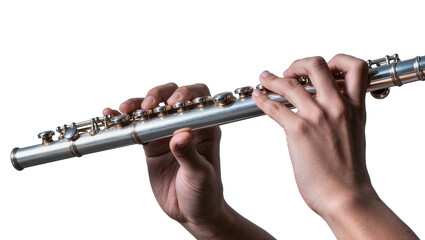 Isolated professional musician's hands playing a gleaming silver concert flute © Lucas