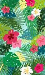 Fotobehang Tropische Bladeren Tropical Palm Leaf Background, Exotic Jungle Foliage Pattern with Green Botanical Summer Design, Hawaiian theme decoration  © FyfaMetarial