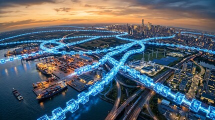 Fototapeta premium Aerial view of a cityscape with illuminated blue roads and highways at sunset.