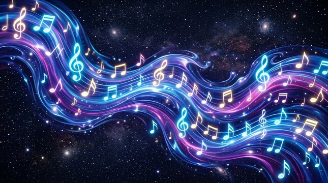 Vibrant musical notes in space background.