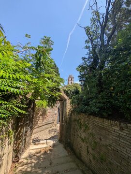 Una scalinata in pietra immersa nel verde conduce verso un arco antico, con la torre del Parco della Rimembranza di Fermo che emerge tra la vegetazione, creando un&rsquo;atmosfera storica e naturale