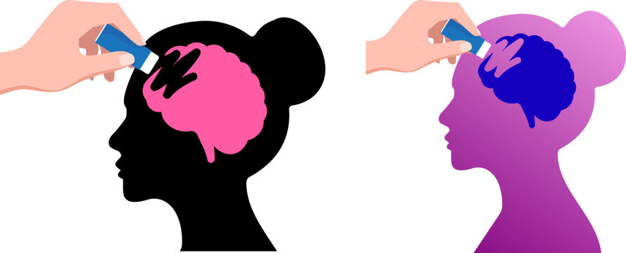 Hand erasing brain from a woman head silhouette vector set, concept of unlearning, memory loss, alzheimers disease, mind control, and cognitive psychology in females