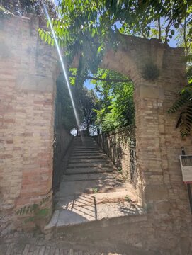 Una scalinata in pietra immersa nel verde conduce verso un arco antico, con la torre del Parco della Rimembranza di Fermo che emerge tra la vegetazione, creando un&rsquo;atmosfera storica e naturale