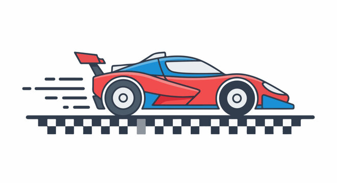 A red and blue sports car with a large spoiler races on a checkered track