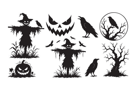 Set of scary halloween silhouettes with scarecrows and crows