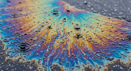 Naklejka premium Vibrant oil slick on wet pavement.