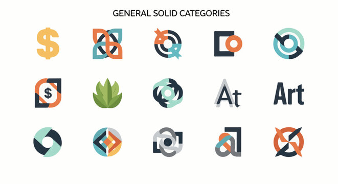 Collection of diverse flat icons, including symbols for money, abstract shapes, nature, and letters