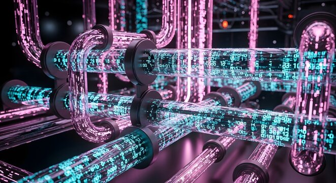 Glowing digital data streams flow through clear pipes within a futuristic network infrastructure
