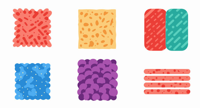 Six colorful, abstract textured squares and rectangles arranged in two rows