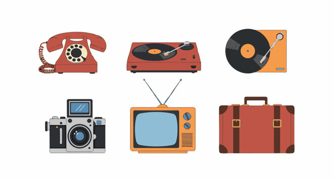 Six retro items phone, record player, camera, TV, suitcase, and turntable