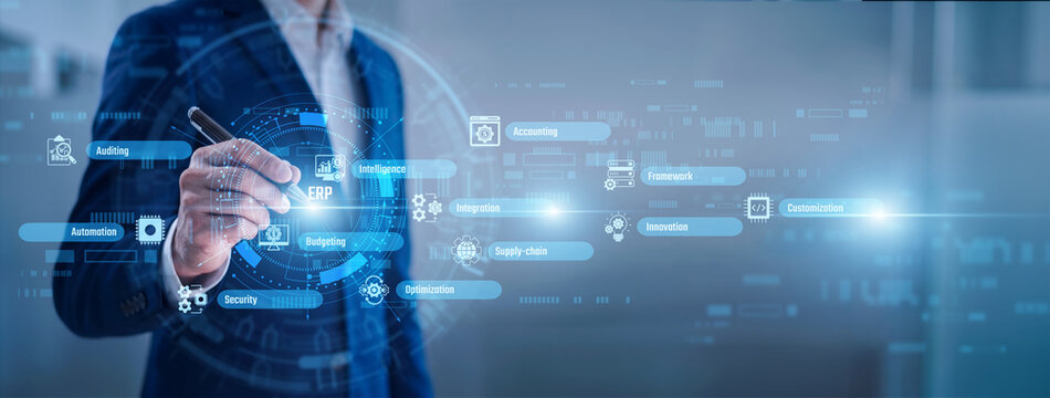 Manager point of ERP concept. Integrated software systems centralize organizational data flows. Advanced ERP applications streamline business processes and improve operational efficiency.