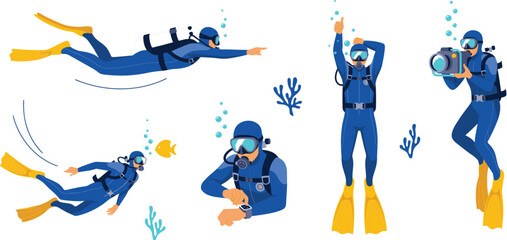 Scuba Diver Characters Vector Set in Blue Wetsuits Underwater Exploring Marine Life, Taking Photos, and Swimming with Diving Equipment and Gear © Lal