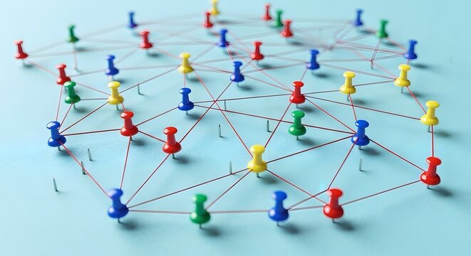 Multicolored push pins are interconnected by red strings on a light blue surface forming a network
