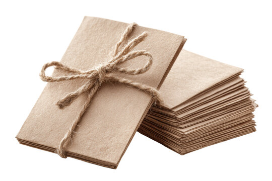 Stack of kraft paper envelopes tied with rustic jute twine bow isolated on transparent background