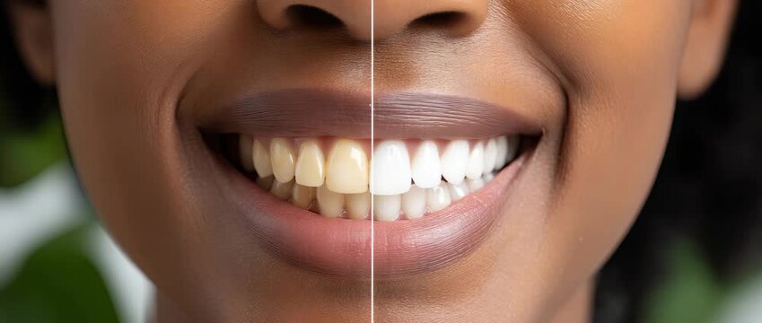 Before and after of teeth whitening procedure showing the difference in tooth color and shine in a bright setting