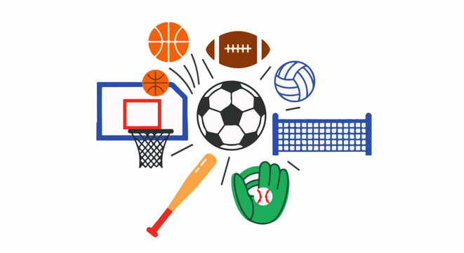Collection of colorful sports equipment with a central soccer ball