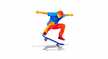 Fototapeta premium Energetic skateboarder mid-air performing a trick with vibrant, stylized colors