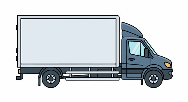 A gray box truck with a white cargo container is depicted in a side profile on a white background