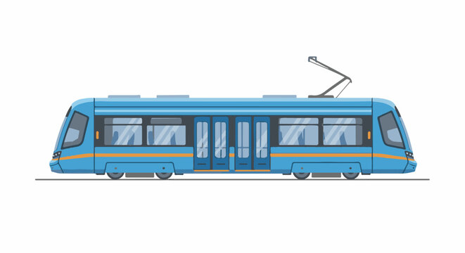 A modern blue tram with multiple doors and windows, and a pantograph on top