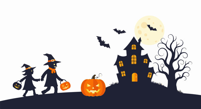 Silhouetted trick-or-treaters approach a spooky haunted house under a full moon