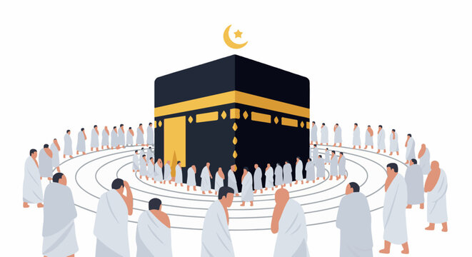 Pilgrims in white attire circle a cubical structure topped by a crescent moon