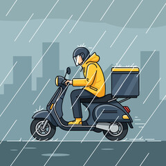 Delivery person riding scooter in heavy rain delivering food. © LafifahFitriyani