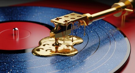 Obraz premium Gold liquid melting on blue glitter vinyl record turntable.