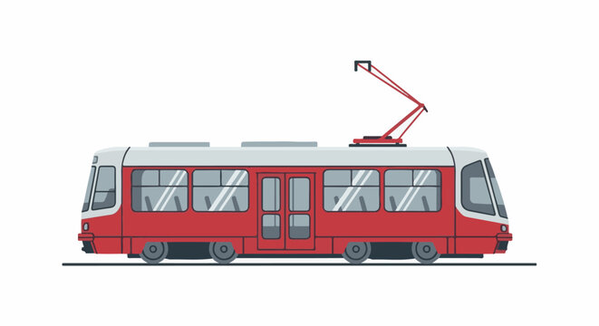 A red and white tram with a pantograph stands on a white background
