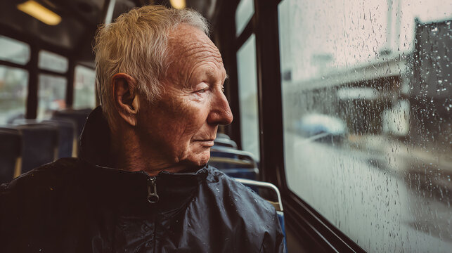 An elderly man gazes thoughtfully out of a bus window as rain droplets cascade down, capturing a moment of reflection and solitude.
