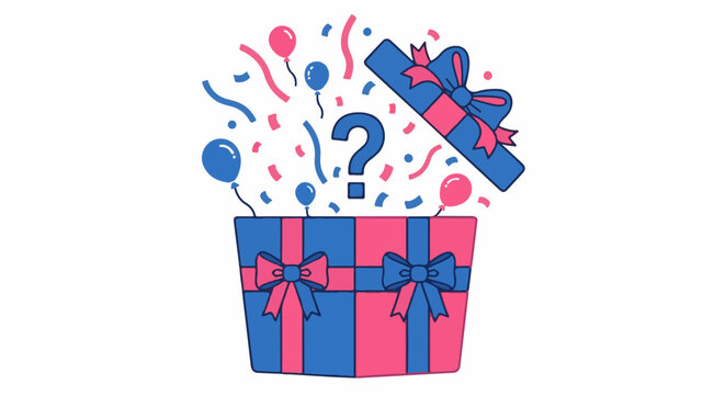 A blue and pink gift box explodes with balloons, confetti, and a question mark